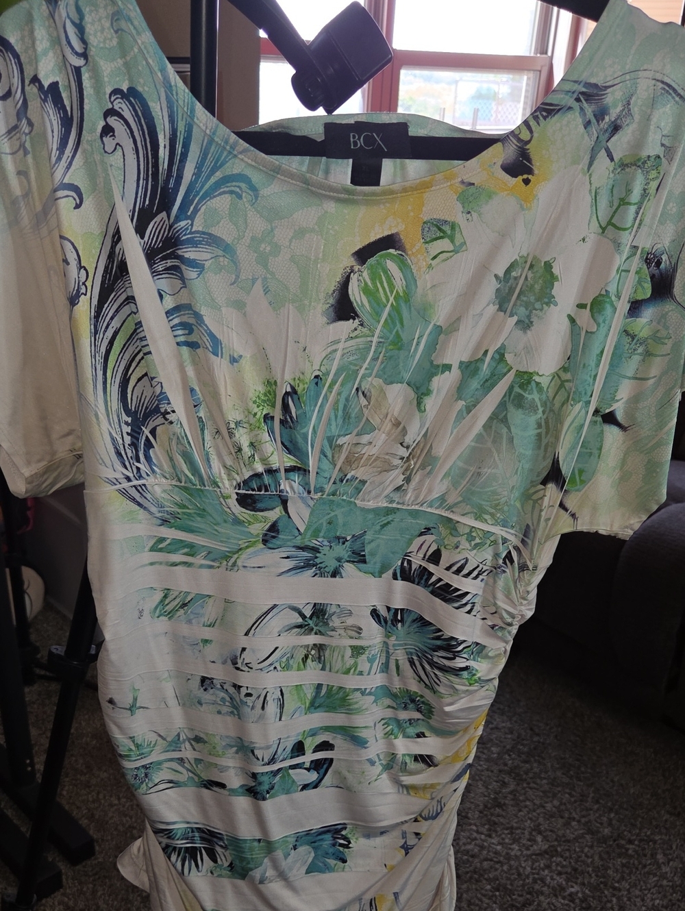 BCX Cream Tunic with Teal and Green Floral Print